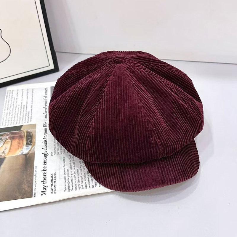 Jesień i Wiosna Retro Jednokolorowy Sztruksowy Beret Damski Koreański Wszechstronny Ośmiokątny Kapelusz Retro Beret z Daszkiem