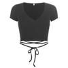 2021 Summer New Women's Short-sleeved Fashion Sexy Solid Color V-neck Short-sleeved Cross Straps Sexy V-neck Navel Slim Slimming T-shirt Casual Top