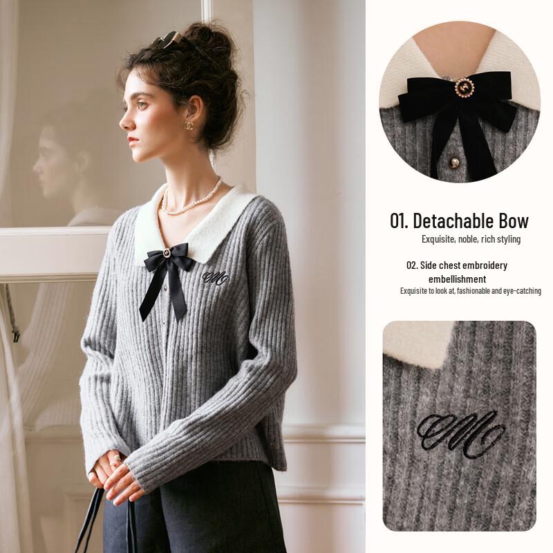 Olrain Women's Lapel Bow Pullover Sweater