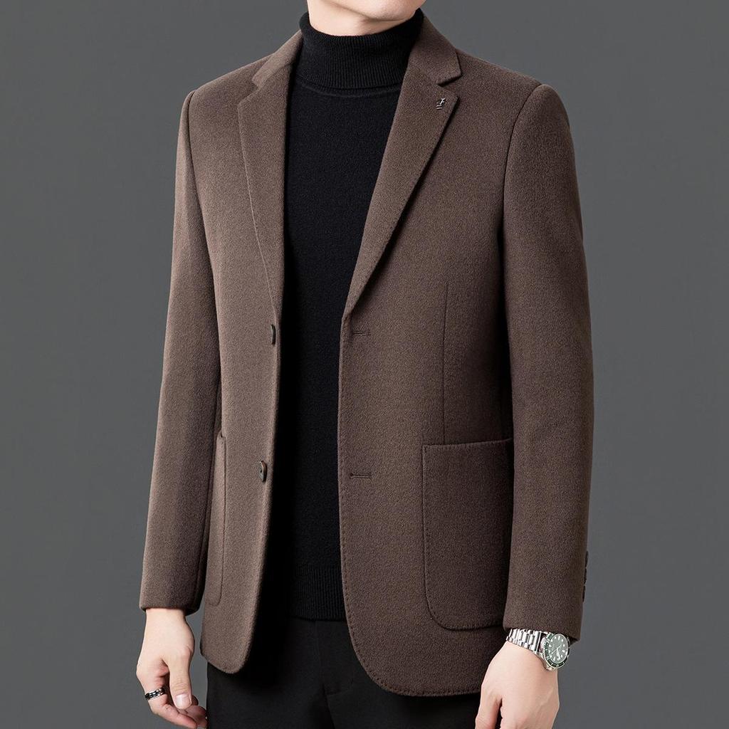 Men's Wool Suit with Goose Down Liner - Fashionable Autumn/Winter Double-Sided Casual Overcoat for Young and Middle-Aged.