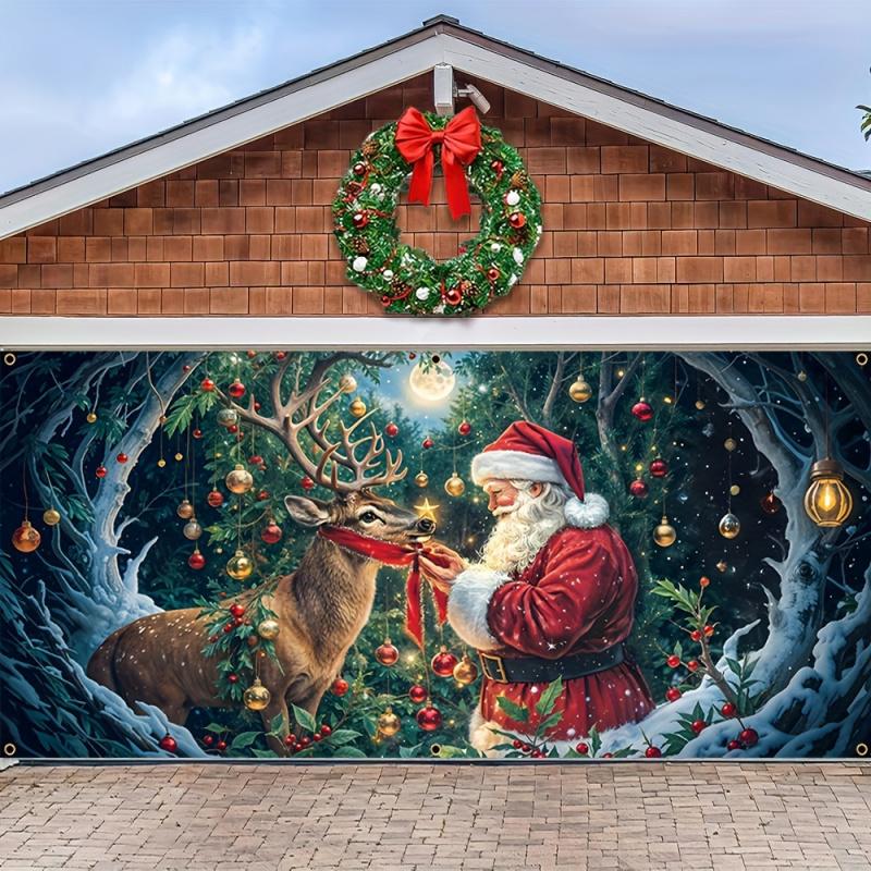 1 Stück 2D Flaches Weihnachtsgaraenbanner - Weihnachtsmann und Rentier in verschneiter Szene mit Feiertagsdekorationen Kein Strom erforderlich