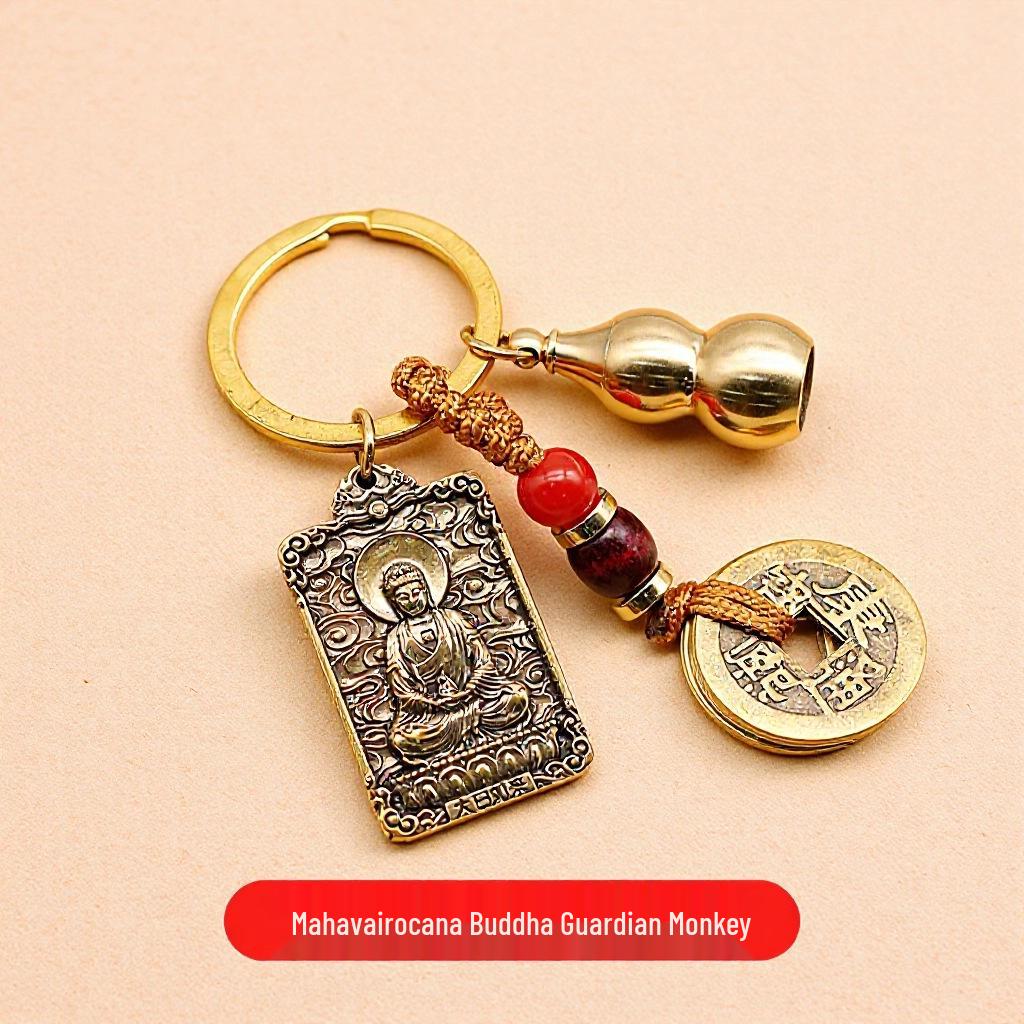 Brass Zodiac & Guardian Deity Buddha Square Pendant Keychain Charm