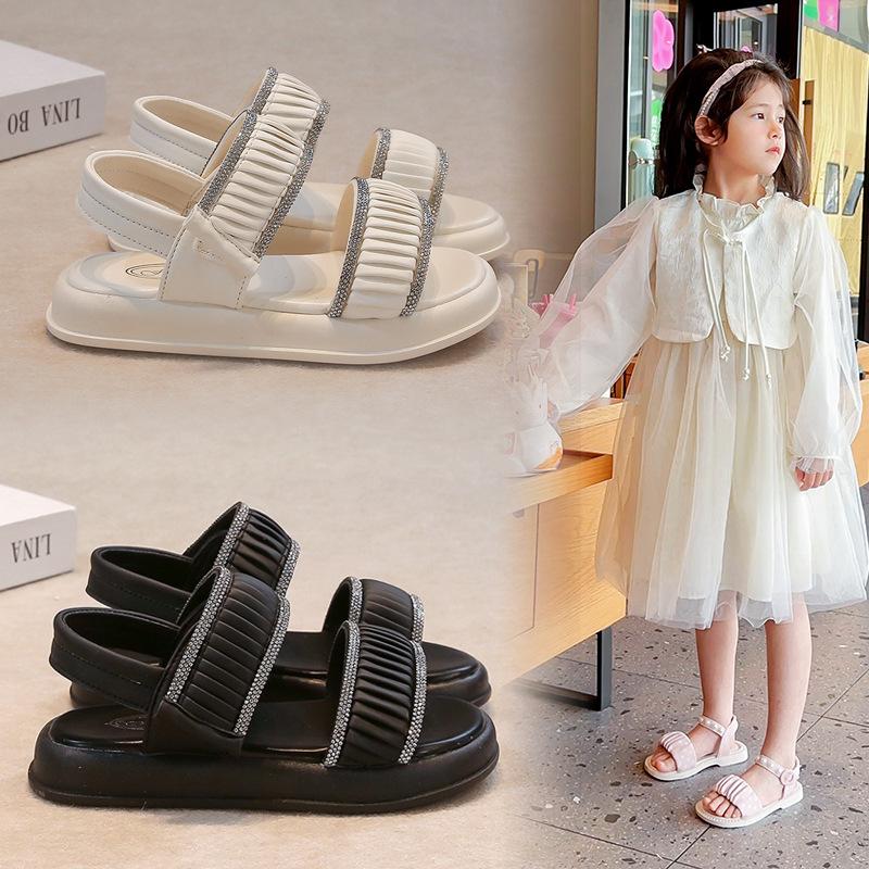 Kids Sandals Fashion Versatile Girls Princess Shoes Open Toes Pleated Sweet 2025 Summer Children Beach Shoes Casual Soft Sole
