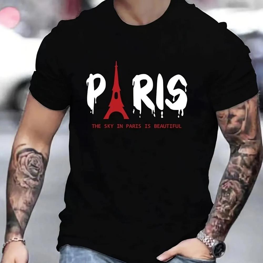 Men's Summer Eiffel Tower Printed 100% Cotton Large Loose Round Neck Short Sleeve T-shirt Top  fashion casual