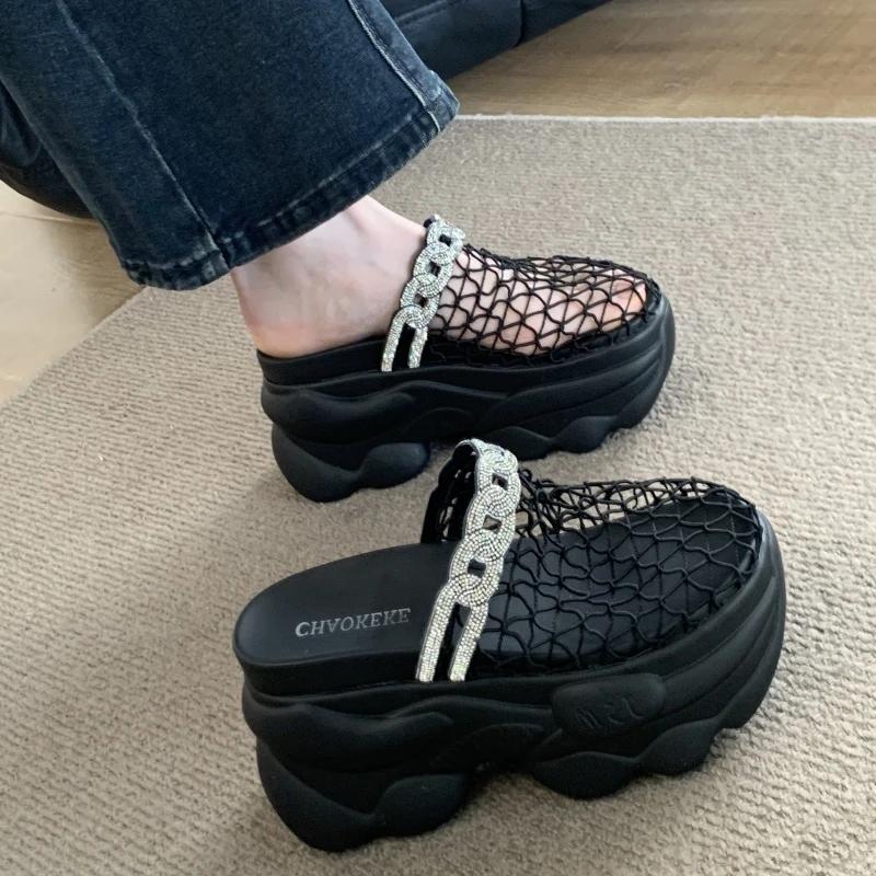 Fashion Female Shoes 2025 New Mesh Women's Closed Toe Slippers Platform breathable Crystal Sandals Outdoor Summer Casual Rome Slippers