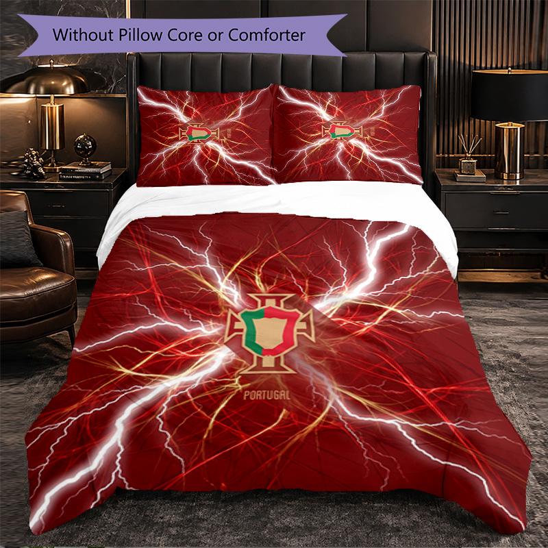 Portugal Football Pattern 3 Pieces Bedding Set Soft Microfiber Duvet Cover with Pillow Cases for Bedroom