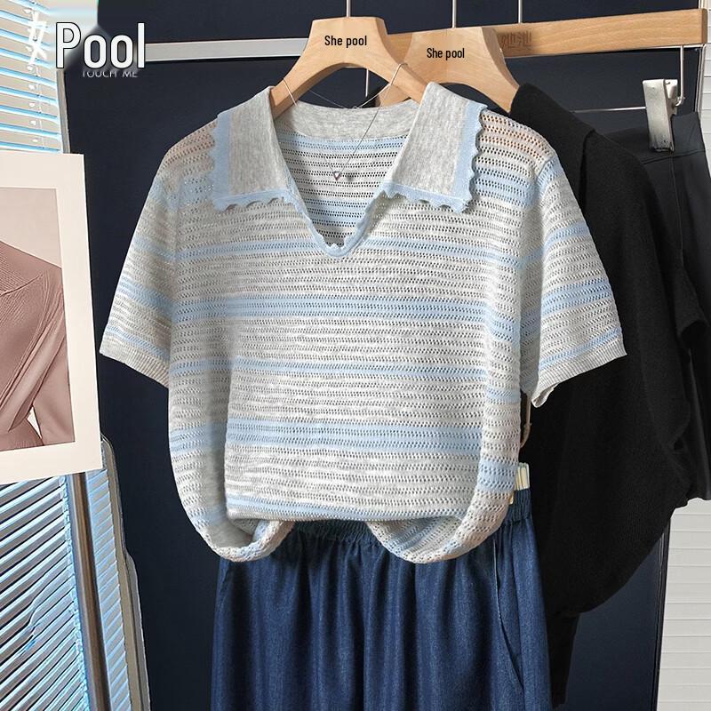 Женская полосатая футболка-поло из смеси ледяного шелка и льна M