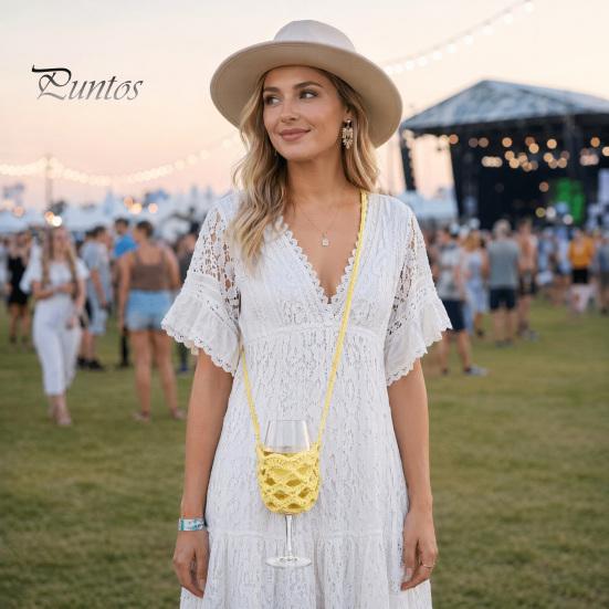 Wine Glass Lanyard Cup Holder, Crochet Sleeve, with Long Knitted Sleeve Strap Portable Crossbody Bag, for Outdoor Picnic Festival Travel Adjustable