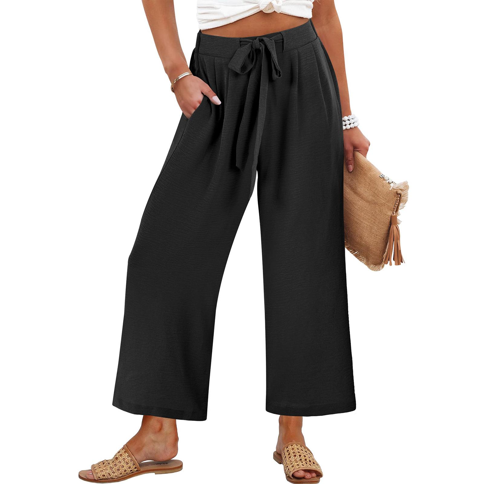 

Women s Wide Leg Palazzo Pants, Cropped, High Waist, Summer Casual Loose Fit Trousers for Travel L чорний