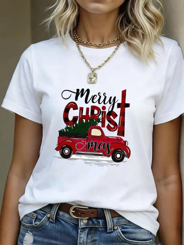 (Asian Size) tree watercolor  T Shirt Print Casual New Year Short Sleeve T-shirts Merry Christmas Fashion Women's Top O-neck Clothing Graphic Tee