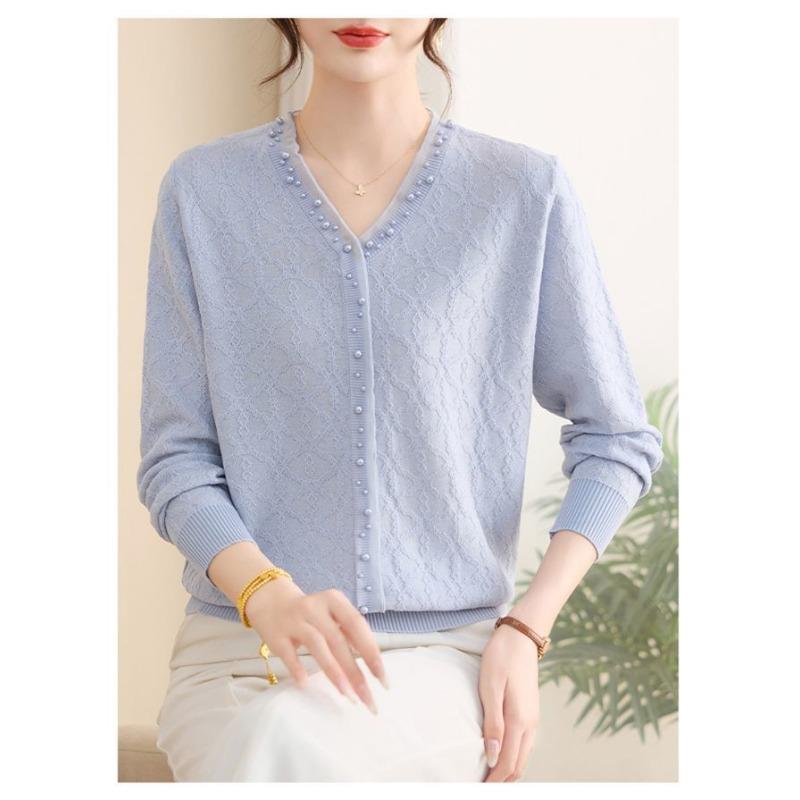 Autumn Women's Spliced Solid Color Beads Fashionable Versatile Top Knitted  Casual Slim Pullover Sweater