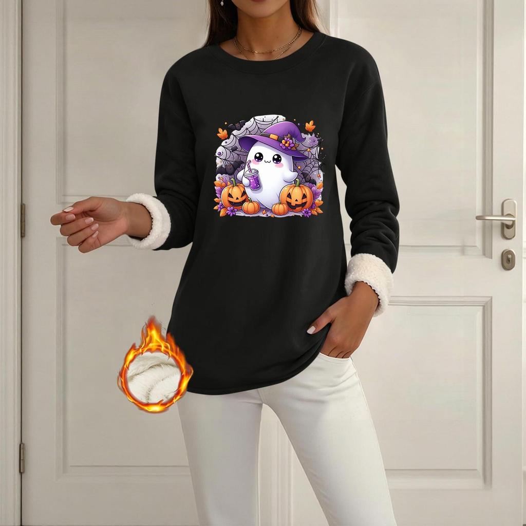 Women's Lined Round Neck Long Sleeve Halloween Print Casual Top for Winter