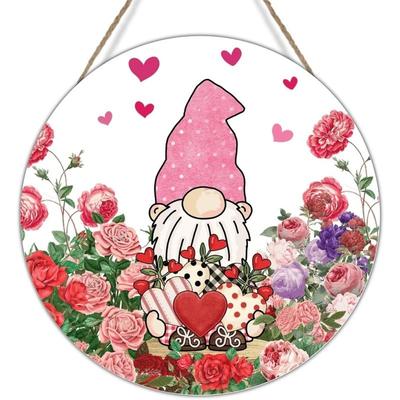 Valentine's Day Gnome květinová láska Dřevěná cedule Růžová a červená růže Květinové srdce Gnome Rustikální cedule 14. února Valentýna Cedule na kulaté dveře