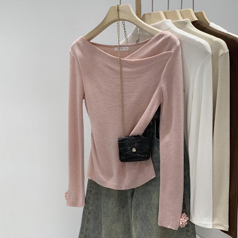Korean Style Pink Draping Collar Knit Top for Women - Autumn/Winter 2025 New Arrival