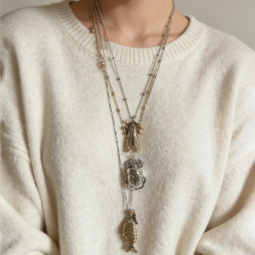 ZA cross-border personalized trend animal insect alloy beetle cicada fish pendant multi-layer necklace high-end versatile model
