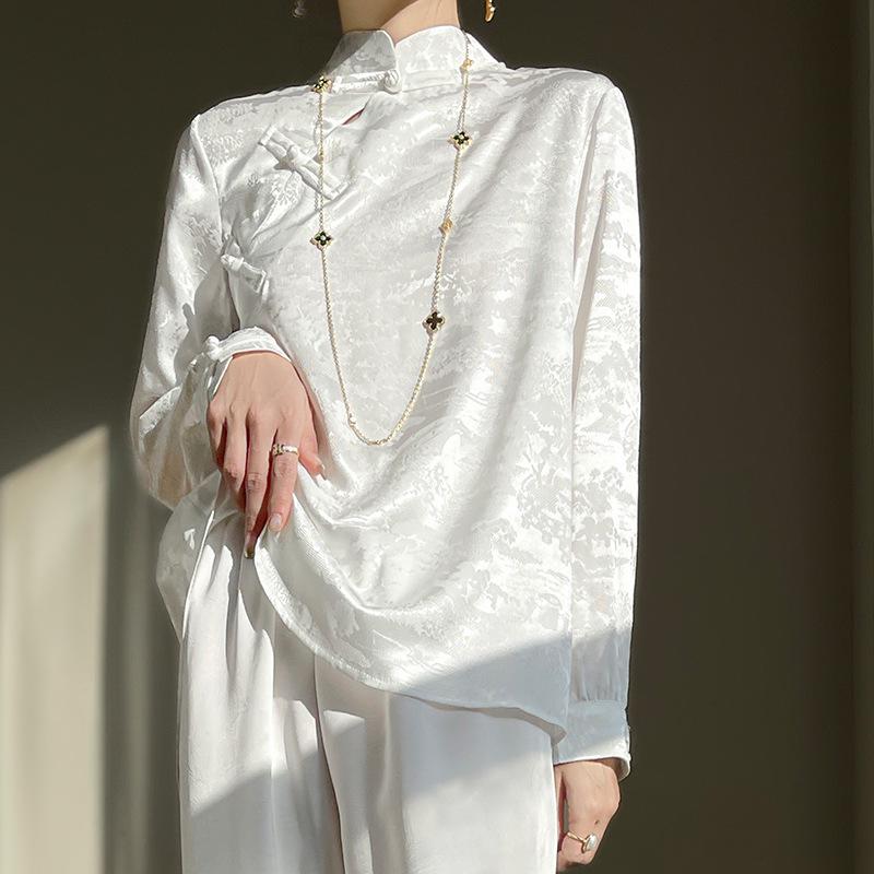 2024 Spring/Summer Women's Chinese Style Satin Jacquard Stand Collar Shirt