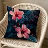 Tropical Hibiscus Print Throw Pillow Cover, Dark Teal Pink Floral Botanical Decorative Cushion