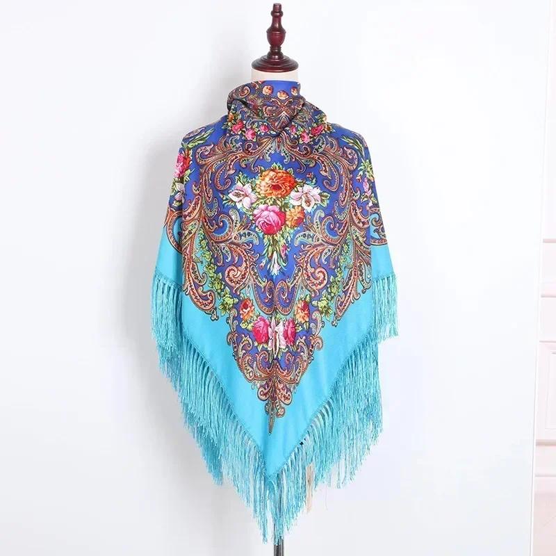 Floral Printed Bohemian Scarf Fringed Shawl Headscarf Russian Babushka Scarves Women National Muslim Head Wrap Square