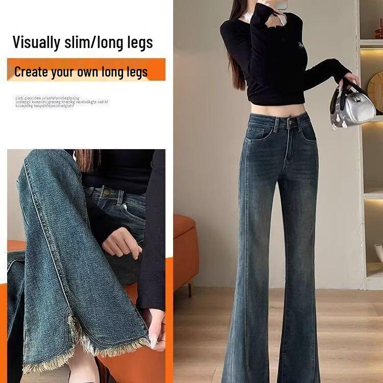 Women s Cement Grey High-Waisted Micro-Flare Jeans - Slimming Petite Retro Cropped Pants for Autumn 2025 Double Extra Large синий
