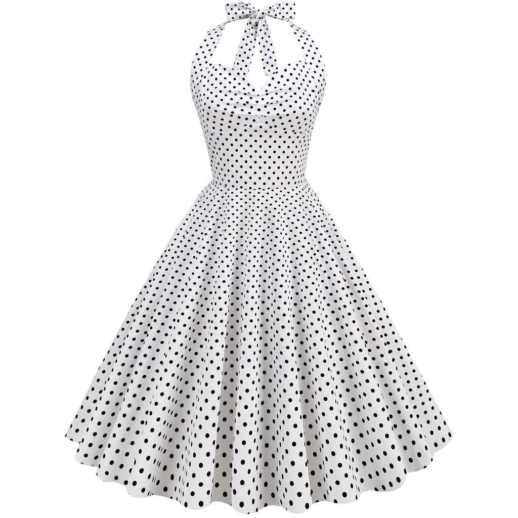 Retro Polka Dot Halter Backless Lace-up Bodycon Waist-Cinching Long-Sleeved Dress for Women