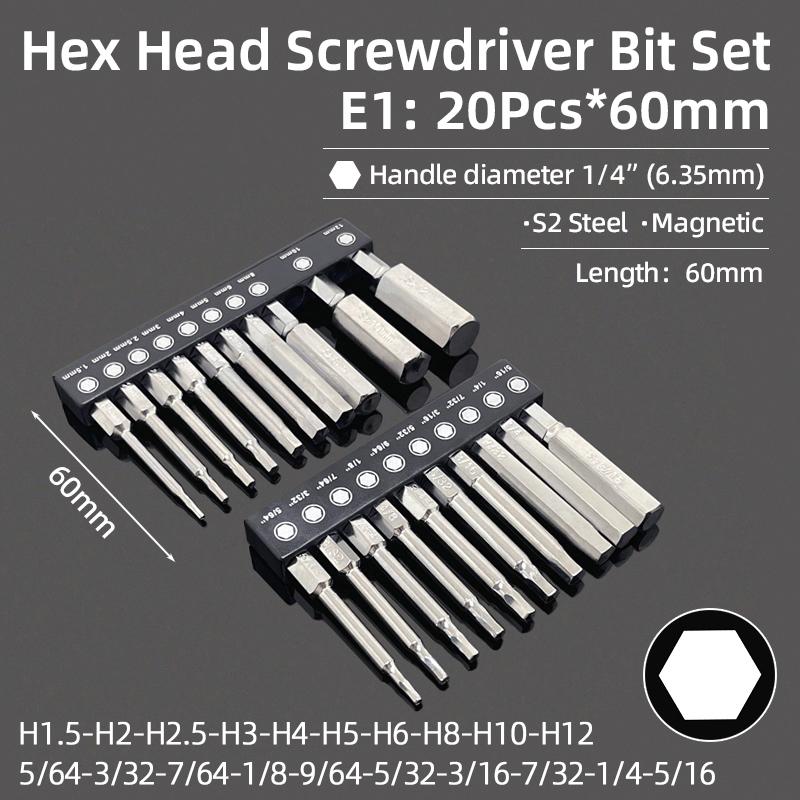 Hex Bit Set Head Allen Wrench Screwdriver Bit Set SAE Metric Hex Shank Magnetic Screw Driver S2 Steel Electric Drill Hand Tools