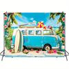 Summer Beach Party Background Banner - Tropical Hawaiian Themed Polyester Photo Background with Vintage Blue Van