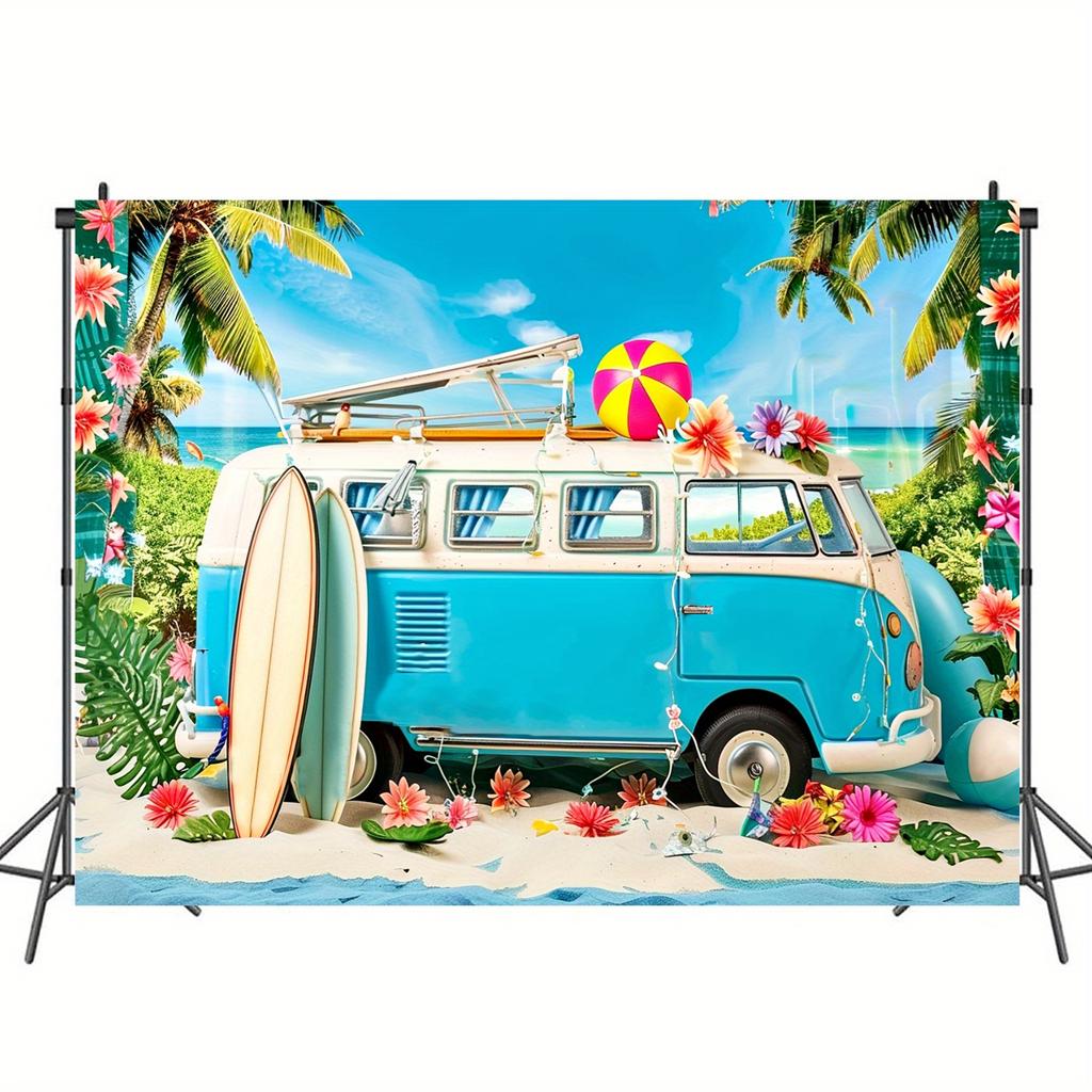 Summer Beach Party Background Banner - Tropical Hawaiian Themed Polyester Photo Background with Vintage Blue Van