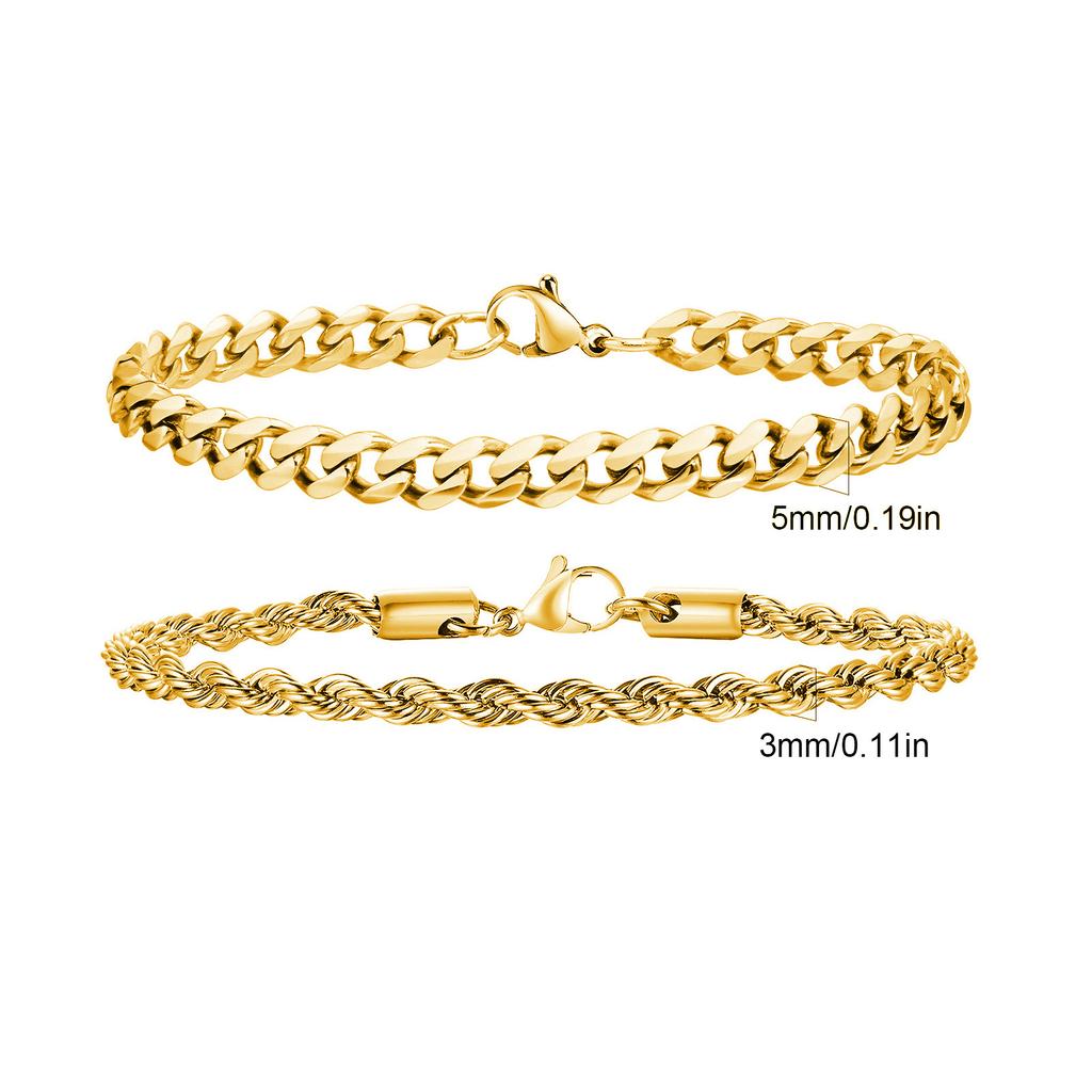 2pcs Men's Chain Bracelets,Stainless Steel Silver Gold Black Color Twist Rope Chain Wristband,Trendy Cuban Link Chains Gift