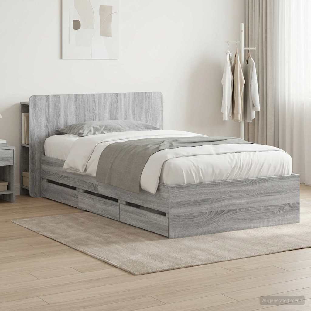 Bed Frame with Storage Space Grey Sonoma 90 X 200 Cm Particleboard