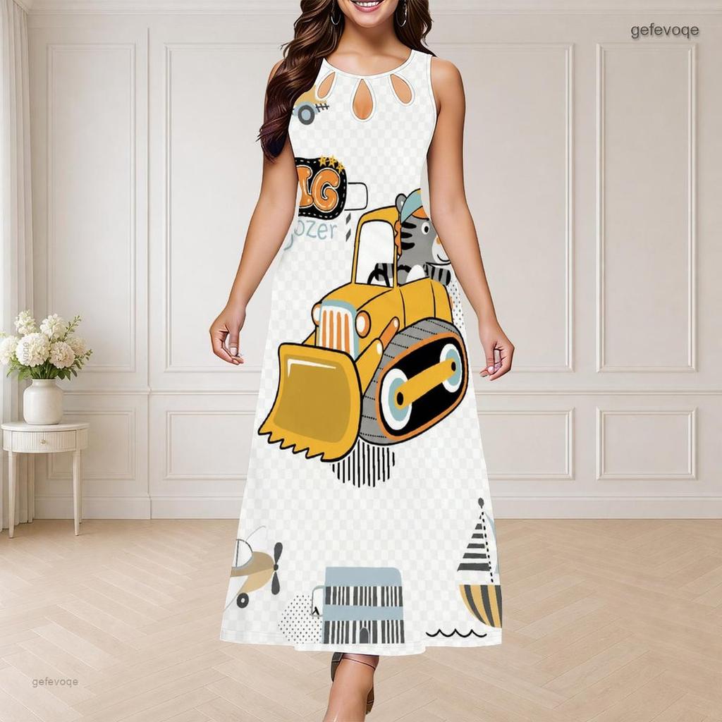 Women Plus Size Sleeveless Round Neck Triple Keyhole Cutout Black Gold Beige Printed Long Dress