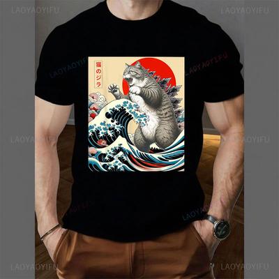 Catzilla Cat Japanese Art Casual Funny Cat Gifts for Men Women Kid T-Shirt Summer Polyester Material Cheap Printed Tee