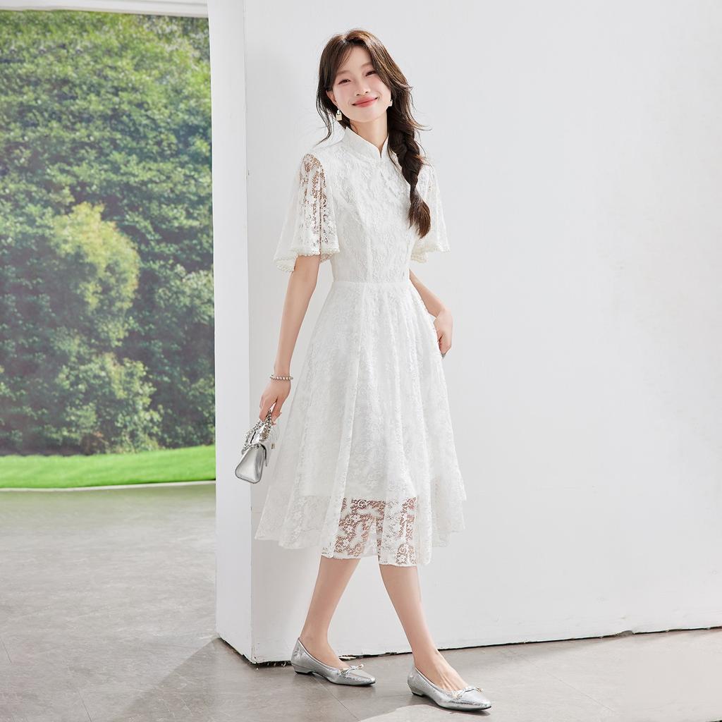 Improved lace white cheongsam women's new thin new Chinese certificate registration daily dress long dress