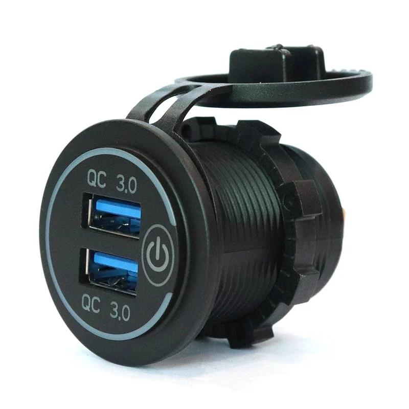 Cargador Rápido 3.0 USB Dual Rápido para Coche Enchufe Accesorios Impermeable 12V/24V QC3.0 Toma de Corriente con Interruptor Táctil y Luz LED