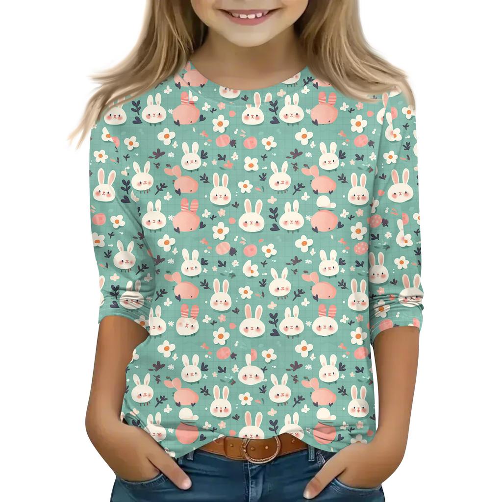 Print Tops For Youth Girls Round Neck 3/4 Sleeves T-Shirts Trendy Tops Outfit Tees