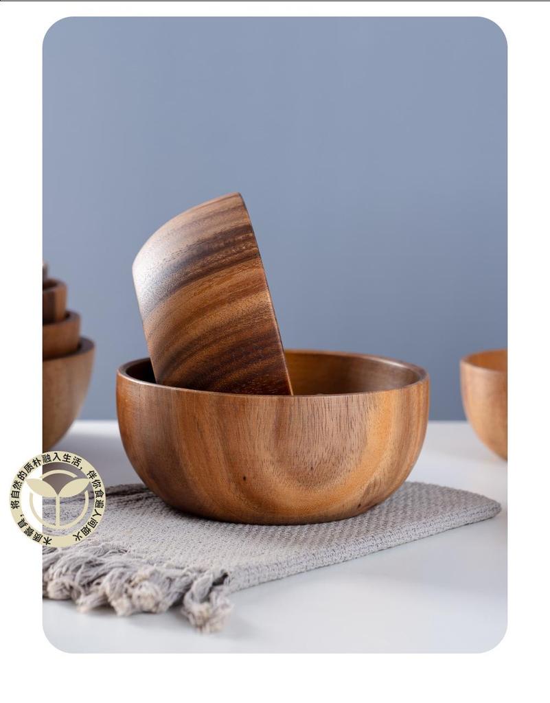 Acacia Wood Salad and Rice Bowl - Large Round Wooden Basin Tableware