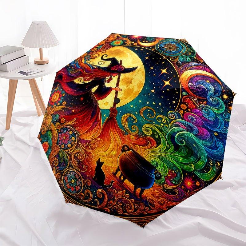 Enchanted Moonlit Witch Art Print, Mystical Night Sky Decor Umbrella, Cute Umbrella with Cute Design, Portable 3-Fold Compact Umbrella for Men & Women