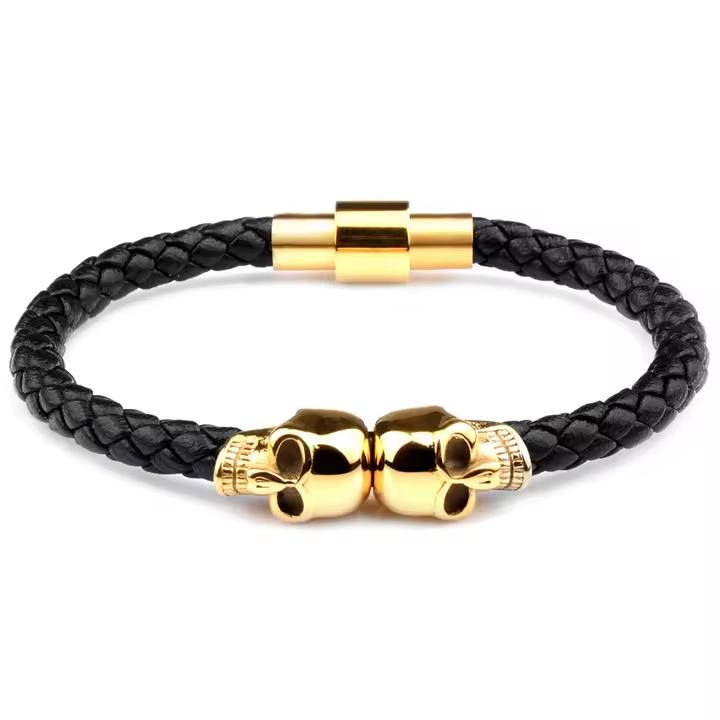 Stainless Steel Genuine Leather Bracelet Cool Skull Skeleton Head Bangle Black Braided Viking Bracelet For Men Jewelry Gift