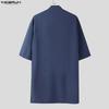 INCERUN Summer Men Stand V Neck Short Sleeve Splits Casual Long Shirts
