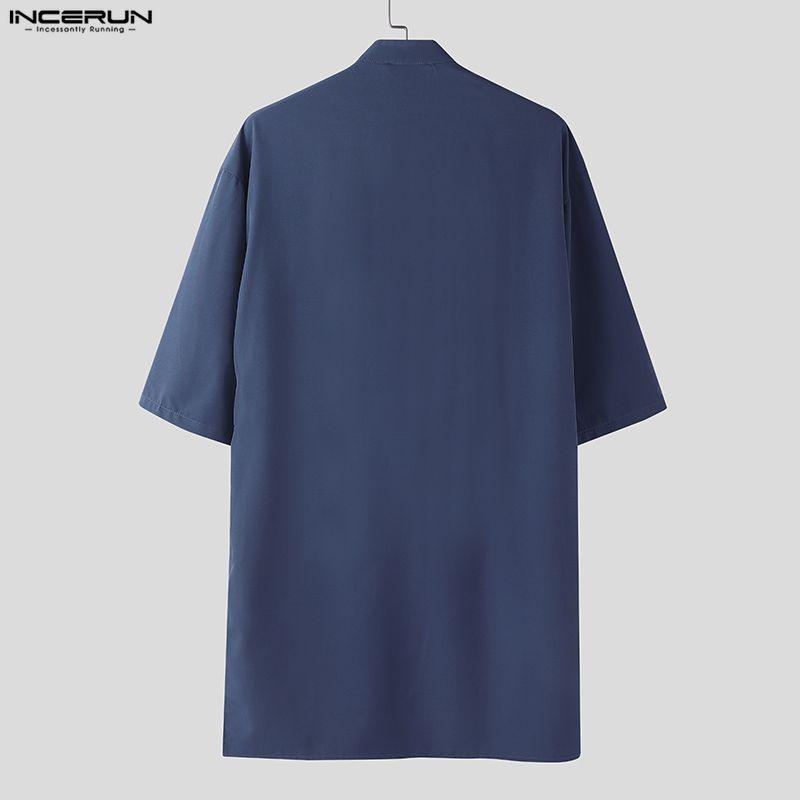 INCERUN Summer Men Stand V Neck Short Sleeve Splits Casual Long Shirts