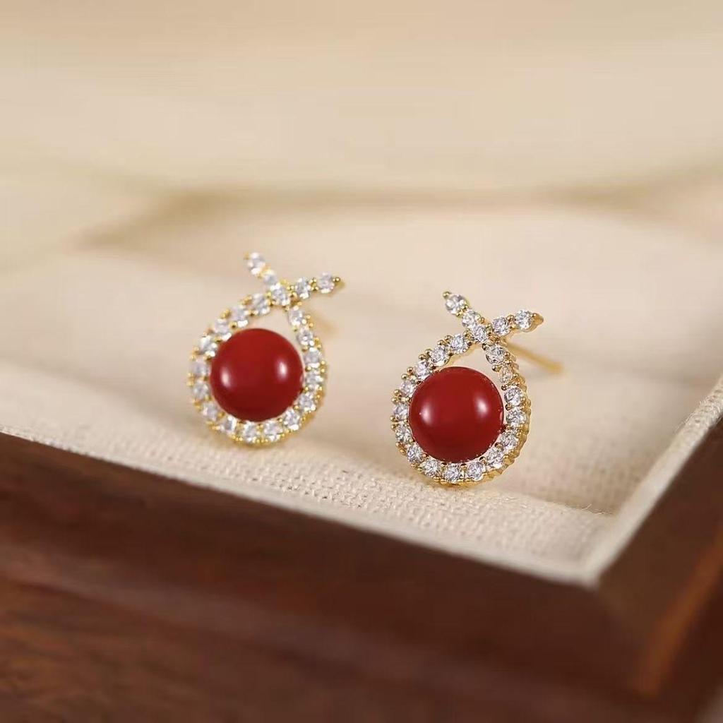 Elegant Red Pearl Rhinestone French Earrings: Women's Light Luxury Fashion Accessory