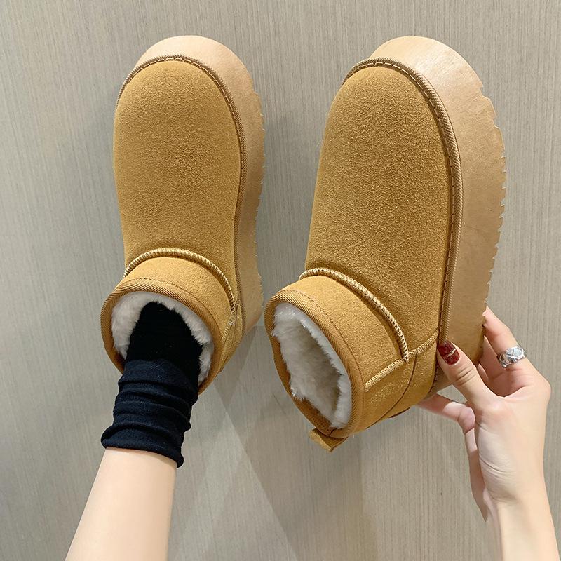 Kurzstiefel mit dicker Sohle Damen Winter Schneestiefel Fellintegriert Gefüttert Verdickte Baumwollschuhe Niedrige Stiefel Damenstiefel