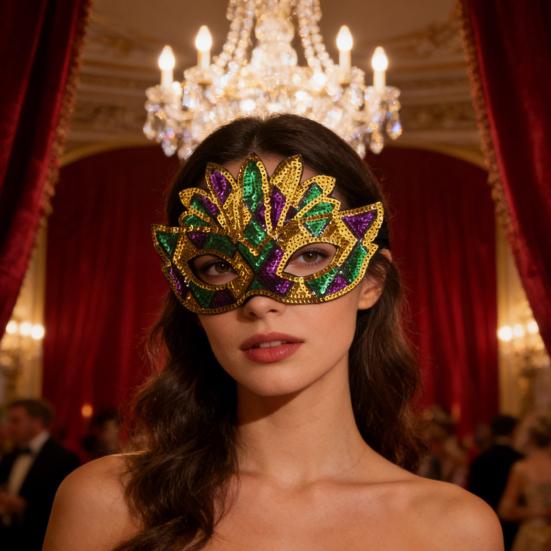 Purple Green Yellow Sequin Mardi Gras Masque Masquerade Venetian Carnival Half Face Masque