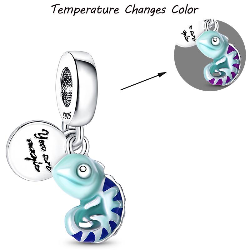 100% S925 Silver Temperature Change Color Chameleon Elephant Trendy Charms Fit Pan Original Bracelets DIY Fine Jewelry Gifts