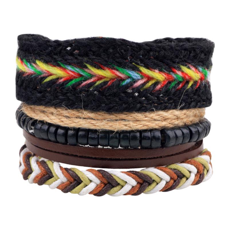 Men's Retro Multi-Strand Cowhide Anchor Bracelet Set with Wood Beads