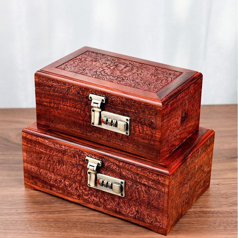 Sandalwood Jewelry Storage Box Valuable Jewellery Protect Case Peony Trinket Collection Boxes Household Lockable Organizer Cases