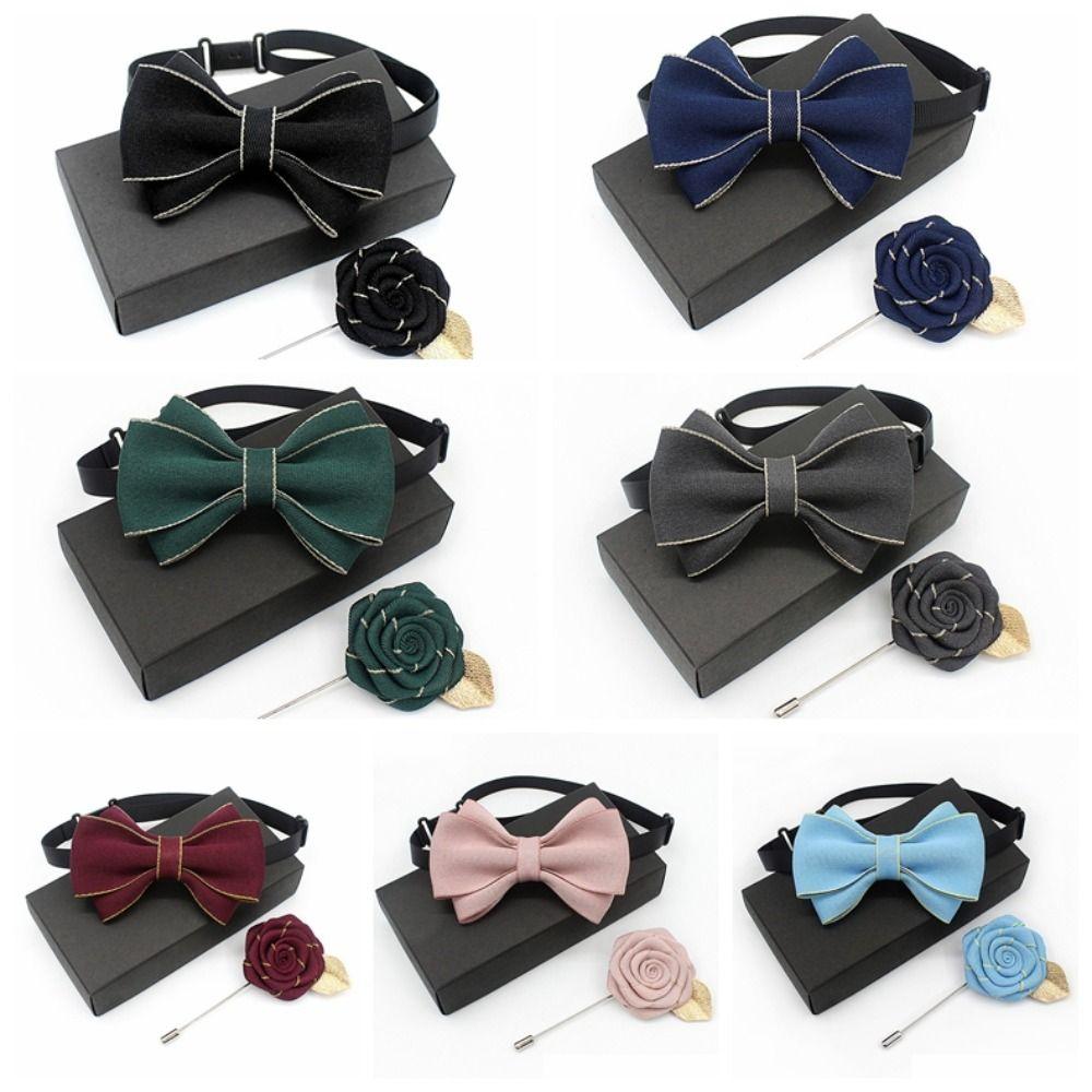 Polyester Neck Collar Adjustable Ribbon Bowtie Fashion Bow Tie Brooches Set  Business