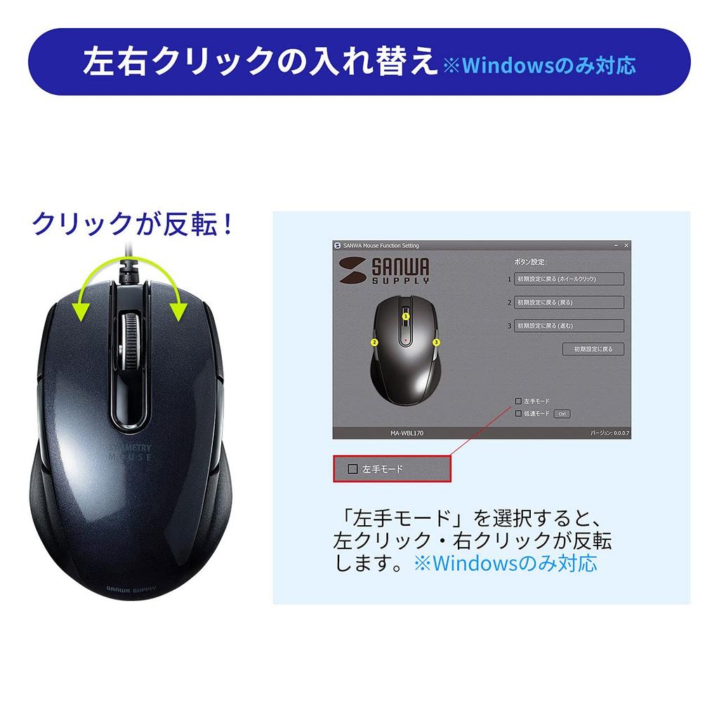 Sanwa Supply Wired 5 Ambidextrous 1600dpi Mouse, BlueLED, Buttons, Design, (2-speed switching), Compact, Black, MA-BL172BK