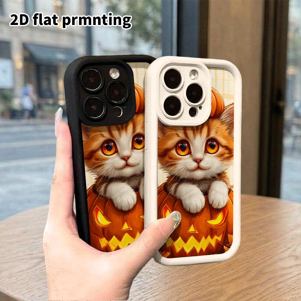 Phone case: 2D flat, suitable for iPhone 18 17 16 15 14 13 Pro protective case, orange and white kitten, perfect Christmas and Halloween holiday gift