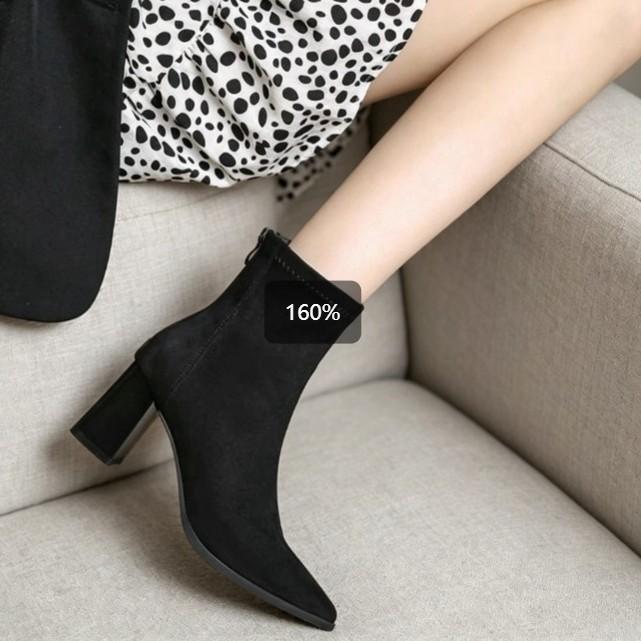Simple pointed suede ankle boots rear zipper square thick heel slim fit thin workplace dating autumn and winter women's short boots