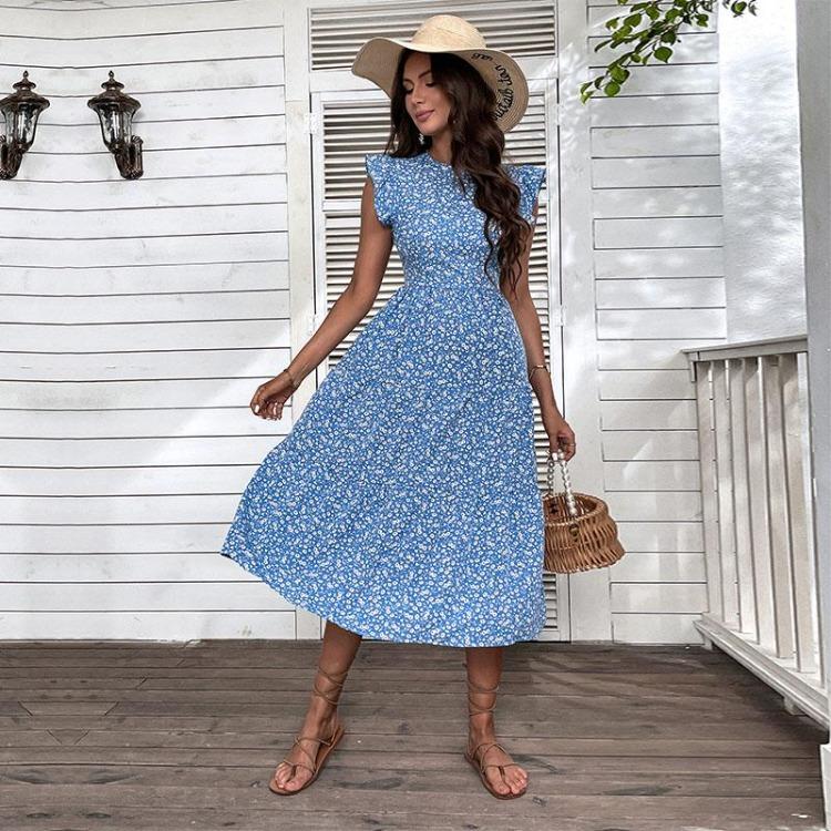 Chic Retro Women Sleeveless Floral Summer Dress High Waist A Line Midi Long Blue O Neck